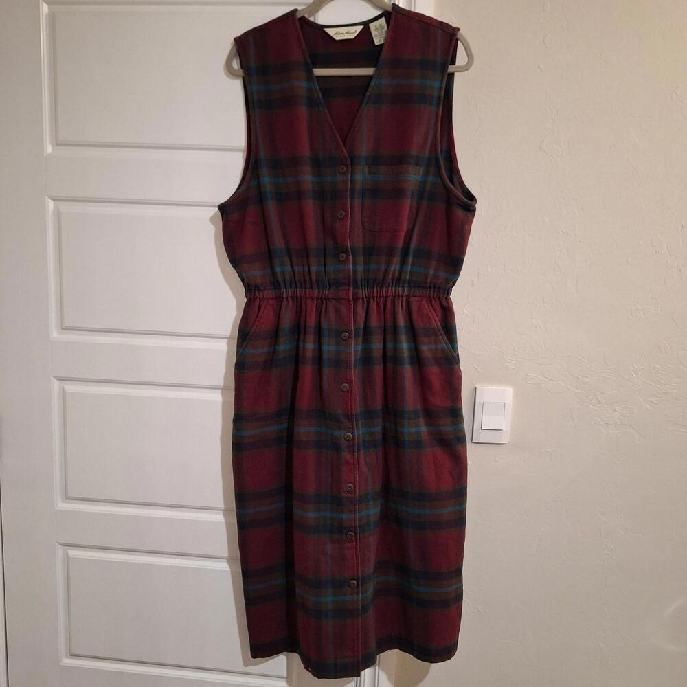 Vintage 90s Eddie Bauer Plaid Flannel Dress XL Sleeveless Cotton Made HK